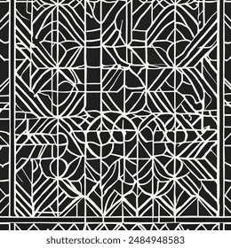 Stoffmuster-Design mit geometrischen Mustern. Es verwendet gerade Linien und ordentlich arrangierte Formen mit scharfen Details, um einen herausragenden Effekt zu schaffen. Handgezeichnet (nicht künstlich erzeugt).