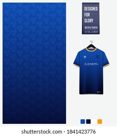 Fabric pattern design. Geometric pattern on blue background for soccer jersey, football kit, bicycle, e-sport, basketball, sports uniform, t-shirt mockup template. Abstract sport background. Vector.