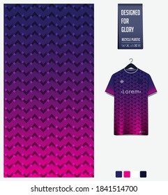 Fabric pattern design. Geometric pattern on violet background for soccer jersey, football kit, bicycle, e-sport, basketball, sports uniform, t-shirt mockup template. Abstract sport background. Vector.