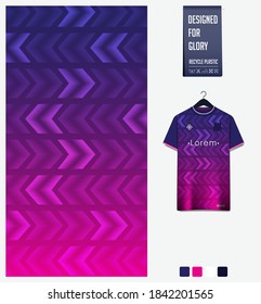 Fabric pattern design. Geometric pattern on violet background for soccer jersey, football kit, bicycle, e-sport, basketball, sports uniform, t-shirt mockup template. Sport abstract background. Vector.