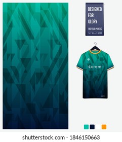 Fabric pattern design. Geometric pattern on green background for soccer jersey, football kit, bicycle, e-sport, basketball, sports uniform, t-shirt mockup template. Abstract sport background. Vector.