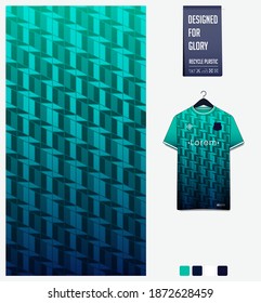 Fabric pattern design. Geometric pattern on green background for soccer jersey, football kit, bicycle, e-sport, basketball, sports uniform, t-shirt mockup template. Abstract sport background. Vector.