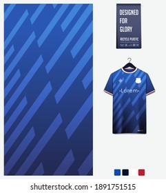 Fabric pattern design. Geometric pattern on blue  gradient background for soccer jersey, football kit, bicycle, basketball, sports uniform, t-shirt mockup template. Abstract sport background. Vector.