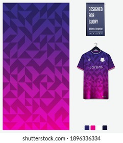 Fabric pattern design. Geometric pattern on blue gradient background for soccer jersey, football kit, bicycle, basketball, sports uniform, t-shirt mockup template. Abstract sport background. Vector.