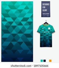 Fabric pattern design. Geometric pattern on green gradient background for soccer jersey, football kit, bicycle, basketball, sports uniform, t-shirt mockup template. Abstract sport background. Vector.