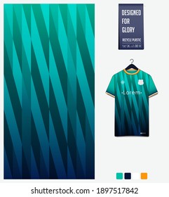 Fabric pattern design. Geometric pattern on green gradient background for soccer jersey, football kit, bicycle, basketball, sports uniform, t-shirt mockup template. Abstract sport background. Vector.