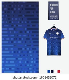 Diseño de patrones de tejido. Patrón geométrico sobre fondo de gradiente azul para camiseta de fútbol, equipo de fútbol, bicicleta, baloncesto, uniforme deportivo, plantilla de maqueta de camisetas. Resumen de antecedentes deportivos. Vector.