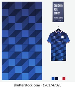 Fabric pattern design. Geometric pattern on blue gradient background for soccer jersey, football kit, bicycle, basketball, sports uniform, t-shirt mockup template. Abstract sport background. Vector.