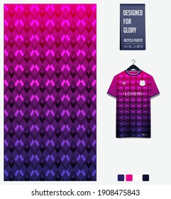 Fabric pattern design. Geometric pattern on pink gradient background for soccer jersey, football kit, bicycle, e-sport, basketball, sports uniform, t-shirt mockup template. Abstract sport background. 