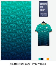 Diseño de patrones de tejido. Patrón geométrico sobre fondo de gradiente verde para la camiseta de fútbol, kit de fútbol, bicicleta, baloncesto, uniforme deportivo, plantilla de maqueta de camisetas. Resumen de antecedentes deportivos. Vector.