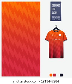 Fabric pattern design. Geometric pattern on orange gradient background for soccer jersey, football kit, bicycle, e-sport, basketball, sport uniform, t-shirt mockup template. Abstract background Vector