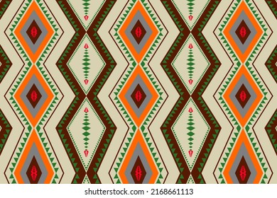 Fabric pattern design, geometric shapes Dark green, brown, pink, orange and gray tones. Cream-colored background looks striking, suitable for destroying various fabrics.