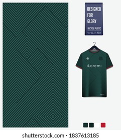 Diseño de patrones de tejido. Patrón de geometría sobre fondo verde para la camiseta de fútbol, equipo de fútbol, bicicleta, e-sport, baloncesto, uniforme deportivo, plantilla de maqueta de camisetas. Resumen de antecedentes deportivos. Vector.