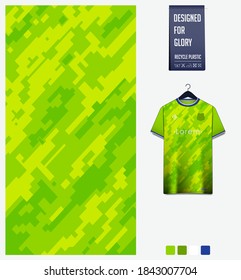 Fabric pattern design. Mosaic pattern on green background for soccer jersey, football kit, bicycle, e-sport, basketball, sports uniform, t-shirt mockup template. Abstract sport background. Vector.