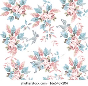 
fabric pattern for design, shawl, bandana, scarf, duvet cover, bed sheet, consisting of flowers, birds and leaves