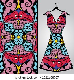 Fabric pattern design for a woman's dress. Vector fashion illustration. Design Mandala.  Perfect for printing on fabric or paper.