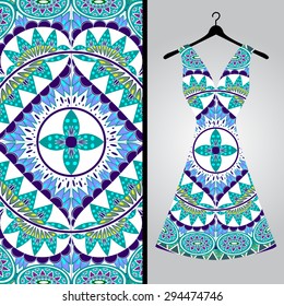 Fabric pattern design for a woman's dress. Vector fashion illustration. Design Mandala