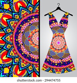 Fabric pattern design for a woman's dress. Vector fashion illustration. Design Mandala
