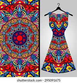 Fabric pattern design for a woman's dress. Vector fashion illustration. Design Mandala.  Perfect for printing on fabric or paper.
