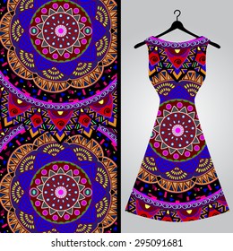 Fabric pattern design for a woman's dress. Vector fashion illustration. Design Mandala.  Perfect for printing on fabric or paper.