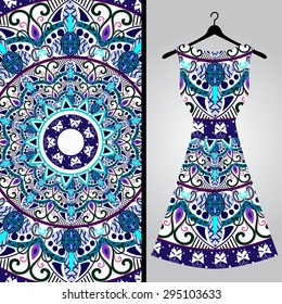 Fabric pattern design for a woman's dress. Vector fashion illustration. Design Mandala.  Perfect for printing on fabric or paper.