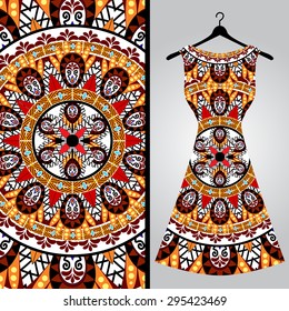 Fabric pattern design for a woman's dress. Vector fashion illustration. Design Mandala.  Perfect for printing on fabric or paper.