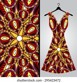 Fabric pattern design for a woman's dress. Vector fashion illustration. Design Mandala.  Perfect for printing on fabric or paper.
