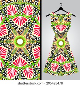 Fabric pattern design for a woman's dress. Vector fashion illustration. Design Mandala.  Perfect for printing on fabric or paper.