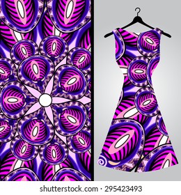 Fabric pattern design for a woman's dress. Vector fashion illustration. Design Mandala.  Perfect for printing on fabric or paper.