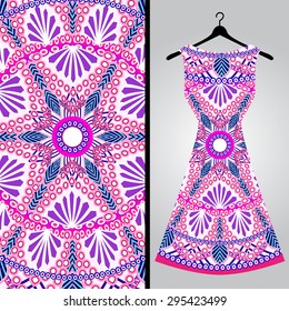 Fabric pattern design for a woman's dress. Vector fashion illustration. Design Mandala.  Perfect for printing on fabric or paper.