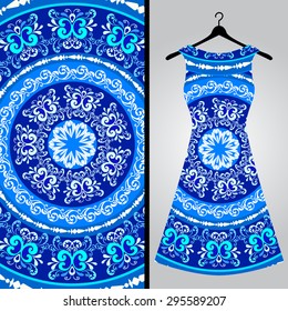 Fabric pattern design for a woman's dress. Vector fashion illustration. Design Mandala.  Perfect for printing on fabric or paper.