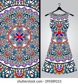 Fabric pattern design for a woman's dress. Vector fashion illustration. Design Mandala.  Perfect for printing on fabric or paper.