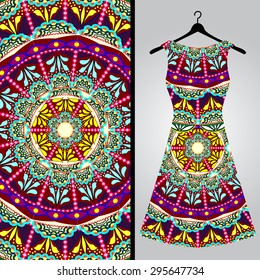 Fabric pattern design for a woman's dress. Vector fashion illustration. Design Mandala.  Perfect for printing on fabric or paper.
