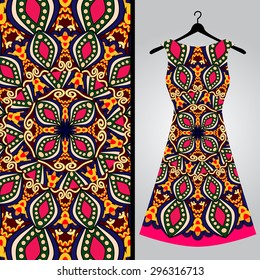 Fabric pattern design for a woman's dress. Vector fashion illustration. Design Mandala.  Perfect for printing on fabric or paper.