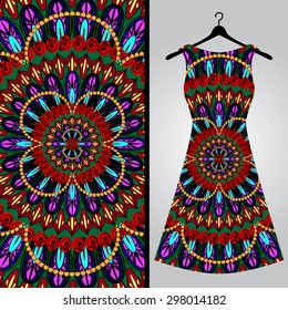 Fabric pattern design for a woman's dress. Vector fashion illustration. Design Mandala.  Perfect for printing on fabric or paper.