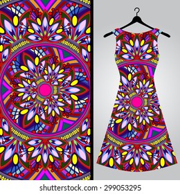 Fabric pattern design for a woman's dress. Vector fashion illustration. Design Mandala.  Perfect for printing on fabric or paper.