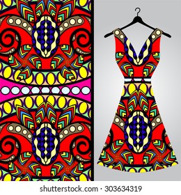Fabric pattern design for a woman's dress. Vector fashion illustration. Design Mandala.  Perfect for printing on fabric or paper.