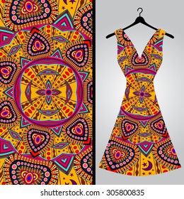 Fabric pattern design for a woman's dress. Vector fashion illustration. Design Mandala.  Perfect for printing on fabric or paper.