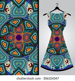 Fabric pattern design for a woman's dress. Vector fashion illustration. Design Mandala.  Perfect for printing on fabric or paper.