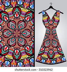 Fabric pattern design for a woman's dress. Vector fashion illustration. Design Mandala.  Perfect for printing on fabric or paper.