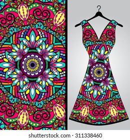 Fabric pattern design for a woman's dress. Vector fashion illustration. Design Mandala.  Perfect for printing on fabric or paper.