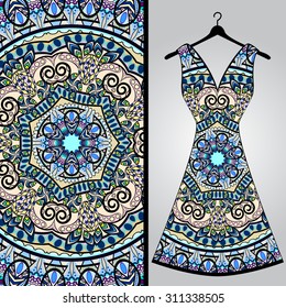 Fabric pattern design for a woman's dress. Vector fashion illustration. Design Mandala.  Perfect for printing on fabric or paper.
