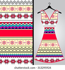 Fabric pattern design for a woman's dress. Vector fashion illustration. Design Mandala.  Perfect for printing on fabric or paper.