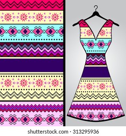 Fabric pattern design for a woman's dress. Vector fashion illustration. Design Mandala.  Perfect for printing on fabric or paper.