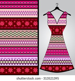 Fabric pattern design for a woman's dress. Vector fashion illustration. Design Mandala.  Perfect for printing on fabric or paper.