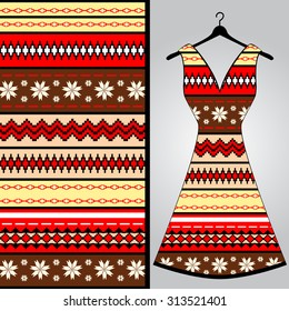 Fabric pattern design for a woman's dress. Vector fashion illustration. Design Mandala.  Perfect for printing on fabric or paper.