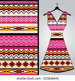Fabric pattern design for a woman's dress. Vector fashion illustration. Design Mandala.  Perfect for printing on fabric or paper.