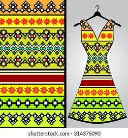 Fabric pattern design for a woman's dress. Vector fashion illustration. Design Mandala.  Perfect for printing on fabric or paper.