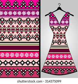 Fabric pattern design for a woman's dress. Vector fashion illustration. Design Mandala.  Perfect for printing on fabric or paper.