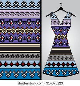 Fabric pattern design for a woman's dress. Vector fashion illustration. Design Mandala.  Perfect for printing on fabric or paper.
